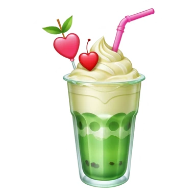 clear emoji-style of a green soda float with ice, vanilla ice cream scoop, two red cherries, pink heart-shaped straw, simple shapes, bright colors, glossy, kawaii style, centered, transparent background
 sticker