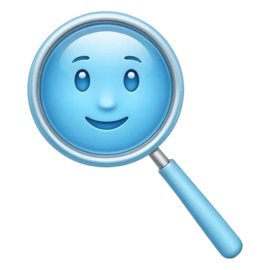 A 3D emoji-style magnifying glass, smooth rounded shapes, soft gradient blue ring, glossy plastic material, subtle highlights and reflections, simple minimal design, pastel blue color, slightly thick proportions, soft lighting, clean white background, modern emoji aesthetic, centered composition sticker
