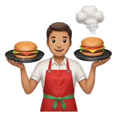 A cheerful man in an apron flipping burgers on a sizzling grill with smoke puffing upward. sticker