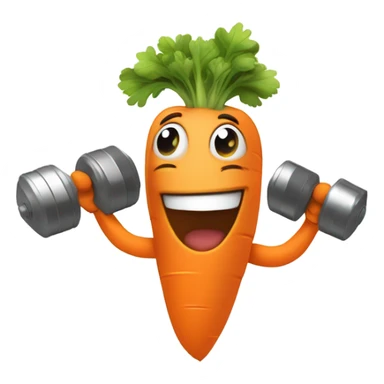 Generate an energetic carrot emoji wearing a sweatband, lifting tiny dumbbells, and looking motivated. sticker