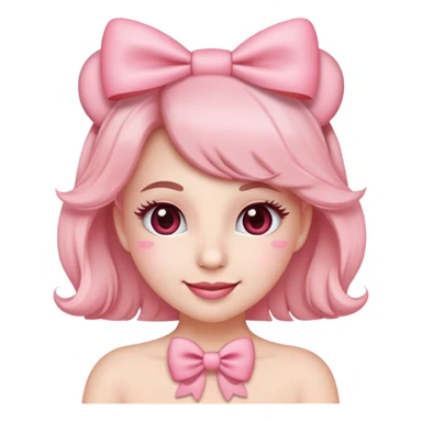 Ultimate coquette emoji with big pink bow, rosy cheeks, batting eyelashes, sweet smile, heart accents, ultra feminine, dainty, soft pink color palette sticker