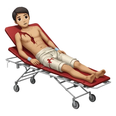 a man of oriental appearance, dressed in torn clothes, full length, in a prone position, with injuries on a medical stretcher, 1980 sticker
