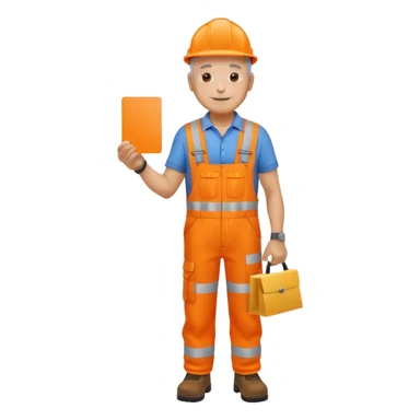 older engineer hi-vis orange overalls full body holding a card sticker