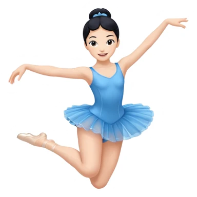 A lively black hair ballerina in a blue outfit, jumping mid-air with a bright smile. sticker