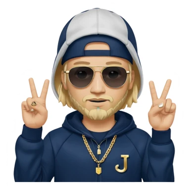 The French rapper Jul. Light skin, trimmed beard, dark navy tracksuit with hood, backwards cap, black sunglasses. Blond hair. both index and middle fingers pointing downward, forming a "J and L" shape. Gold chain and a smirk. Look evoke a Marseille urban vibe. sticker