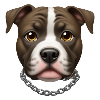 Brindle Pitbull terrier with chubby cheeks. White on face and chest with chain collar sticker