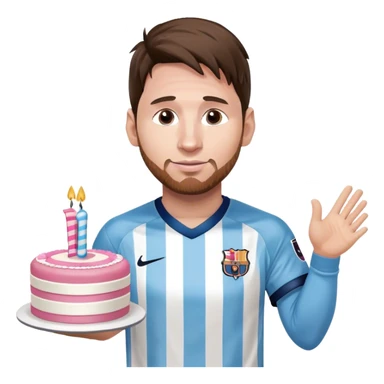 Lionel Messi wearing his white and blue striped jersey holding a pink pretty birthday cake sticker