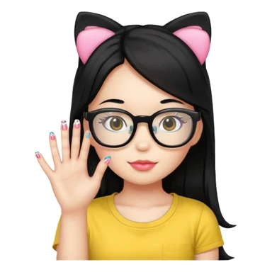 Nails cute with hello kitty wear glasses black long  hair wear, yellow shirt sticker