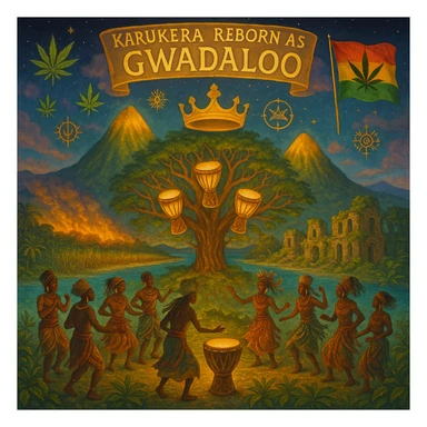 Create a powerful, surreal vision of the Caribbean island Guadeloupe, reimagined as ‘Gwadaloo’ — its sacred, sovereign identity restored. The island is lush, tropical, and volcanic, with two green volcanoes glowing golden at the peaks. In the center stands a giant mystical Drum Tree, its branches bearing carved drums instead of fruit, glowing with rhythmic light. Ancestral spirits of African and indigenous lineage dance in a circle around the tree, surrounded by floating ganja leaves and sacred symbols. Sugarcane fields burn gently in the background, symbolizing the end of colonial suffering. Ruins of colonial buildings crumble into the earth, reclaimed by vines and jungle. Above the island, a glowing banner in the sky reads: ‘Karukera reborn as Gwadaloo.’ A ganja-leaf flag waves high in red, green, and gold, and a golden Creole crown floats in the sky above the island — not worn by any man, but held in rhythm. The ocean is turquoise, the light is divine, and the entire scene radiates spiritual victory, cultural remembrance, and cosmic rhythm. Use a warm, cinematic palette of golds, greens, blues, and purples. Style should feel epic, sacred, and symbolic — a rebirth of Caribbean power. sticker