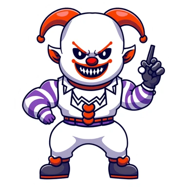 full-body muscular demonic clown, battle-ready, black and white leisure suit with bellbottom pants, bald, black ram horns, flashy black and white belt, ruffled white shirt, no neck tie, large fangs, holding very large futuristic rifle sticker