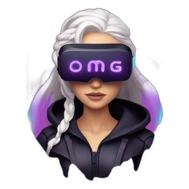 Daenerys Targaryen wearing a black hoodie with "OMG" letters on it and VR headset in a cyberpunk VR environment with violet neon lighting. sticker
