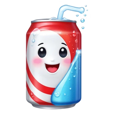 Cute Kawaii Soda Can, bubbly and vibrant, bright red and blue stripes, playful fizz popping around, a chubby happy face with wide sparkling eyes, energetic and refreshing! sticker