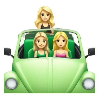 Two Caucasian blonde girls and two Caucasian brunette girls in a green VW beetle convertible sticker
