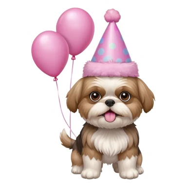 cute shih tzu hold a few pink balloons  in both arms with pink birthday hat sticker