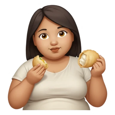 Can you create an emoji of a half Indian - half white 23 year old girl with dark brown mid length hair and brown eyes who is super obese and eating a dumpling. Full body and make her really fat sticker