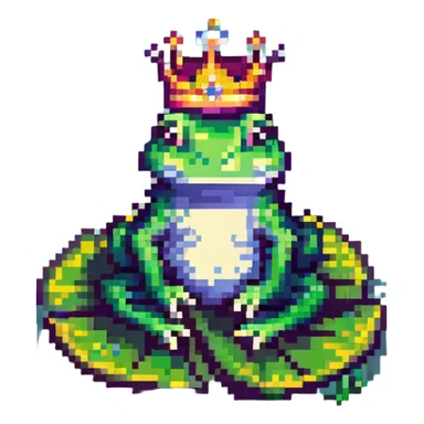 pixel art crowned frog, sitting on a lily pad sticker