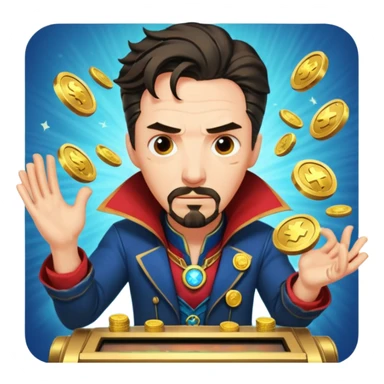 disheveled Doctor Strange losing money at a slot machine, panicked face, coins flying sticker
