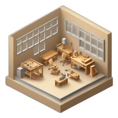 isometric square solid outline border box containing indoor creative workshop factory woodworking metalworking people actively working cnc machine tools simple clean industrial brutalist sticker