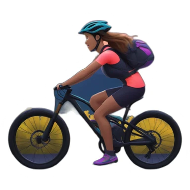 Illustrate a woman on an advanced bike with neon accents, biking on a scenic mountain trail at dusk sticker
