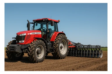 A Massey Ferguson tractor and Disc Harrow combo in a modern farm scene, focus on machinery, uncluttered background. sticker