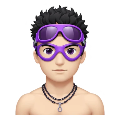 shirtless male athlete with white skin and moderately curly black hair on top with shaved sides, wearing purple ski goggles with black tinted lenses, and a simple plain black chain necklace, no earrings sticker