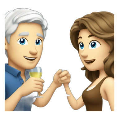 white man with blue eyes and grey hair toasting with a white wine with a white woman with brown eyes and blond hair sticker