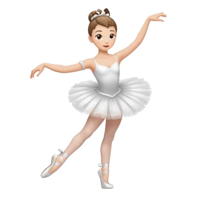 A ballerina dancing with point shoes and in a white tutu with a ribbon on her waist, she has a slick bun and a great posture sticker