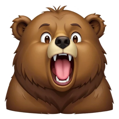 Cinematic Cute Yawning Grizzly Bear Portrait Emoji, Head tilted slightly with a dramatic, wide-open yawn, showcasing a thick, rugged deep brown fur with drooping ears, round eyes barely open in drowsy contentment, Simplified yet irresistibly adorable features, highly detailed, glowing with a soft, cozy glow, high shine, relaxed yet expressive, stylized with a touch of wild whimsy, bright and endearing, soft glowing outline, capturing the essence of a sleepy yet affectionate grizzly, so drowsy it feels like it could stretch out of the screen and curl up for a nap! sticker