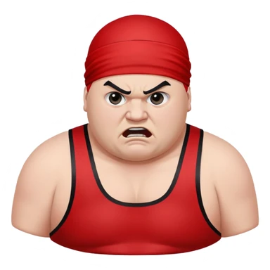 Close-up of white skin fat guy with prominent black durag, completely shaved face, no beard or mustache, black eyes in a red and black wrestling singlet with angry face sticker
