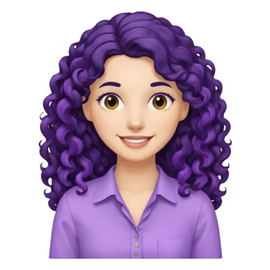 mujer blanca con cabello largo rizado negro sonriendo con camisa lila sticker