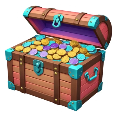 wooden brown treasure chest filled with  coins 
Change coins color in in gradient of turquoise, blue, pink, purple, and coral sticker