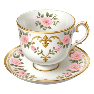 White teacup with baby pink floral antique print with gold accents  sticker