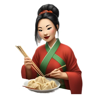 chinese woman eating dumplings in front of street market with extra long chopsticks and in traditional chinese dress sticker