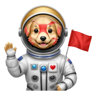 golden retriever in space suit holding red rectangle flag sticker