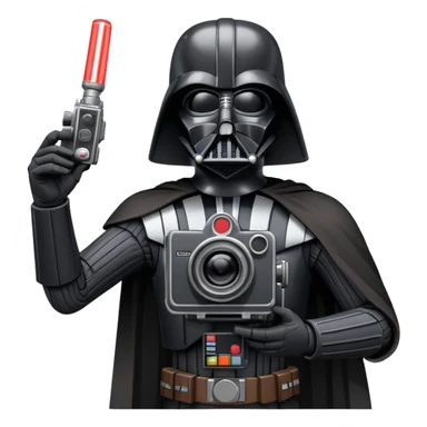 A cel-shaded illustration in the style of Borderlands, featuring Darth Vader holding a retro film camera instead of a lightsaber. Use bright, high contrast and bold outlines. No background, transparent. sticker