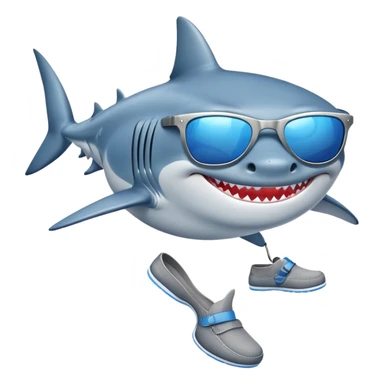 A shark on a beach with blue shoes and sunglasses sticker