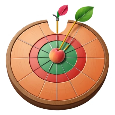 A dart stuck in a dartboard shaped like a peach sticker