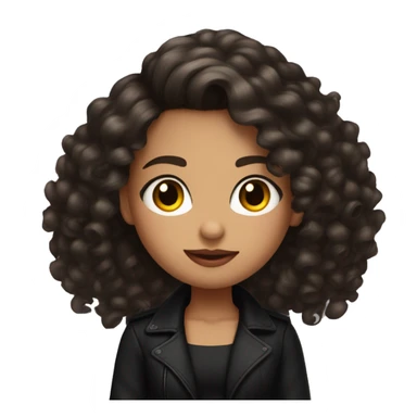 brunette girl with curly hair below her shoulders in a black jacket and a black top and a black long skirt and a red manicure and a daring look sticker