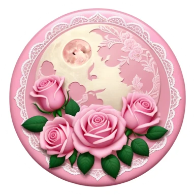 A round pink button with light cream damask lace, a full moon and pink roses in the center sticker