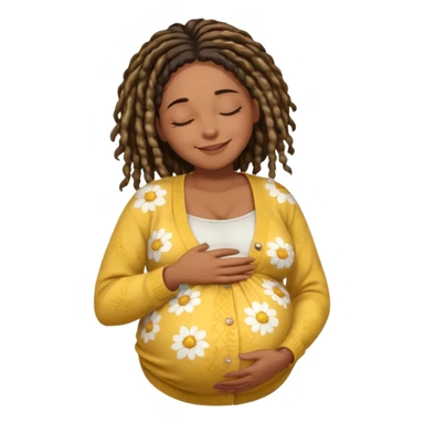 pregnant black woman with dread lock hair happily touching her big belly while wearing casual shirt and yellow warm  flowery cardigan closing her eyes and smile wamrly sticker