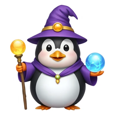 chubby penguin wizard with a long beard, holding a glowing orb, emoji style sticker