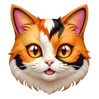 Cinematic Comical Calico Cat Portrait Emoji, Head tilted dramatically with an exaggeratedly surprised expression, showcasing a vibrant patchwork fur of orange, black, and white with wide, comically expressive eyes, simplified yet hilariously detailed, glowing with a sassy, golden radiance, high shine, exuding playful mischief and cheeky feline attitude, styled with a soft glowing outline, capturing the essence of a calico cat that looks ready to leap off the screen with mischievous flair! sticker