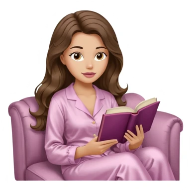Woman with light tanned skin reading a book on Beige sofa. Long wavy brunette hair. Ivory silk pyjamas. Realistic. Foxeye with long lashes. Pinky mauve lips. sticker