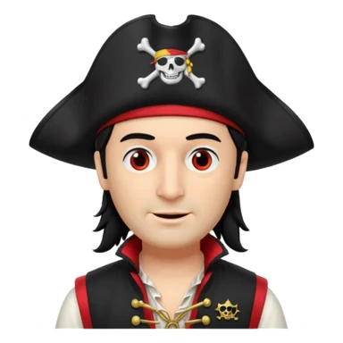 Captain Feathersword of The Wiggles with light skin, brown eyes, black hair, black pirate hat, white pirate shirt with red vest, one eye patch sticker