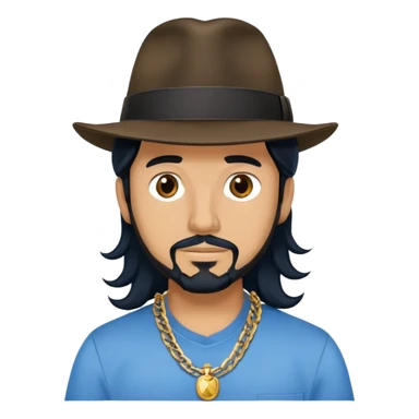 Man with black long wavy hair, brown eyes, tan skin and light black goatee blue shirt fedora hat gold chains sticker