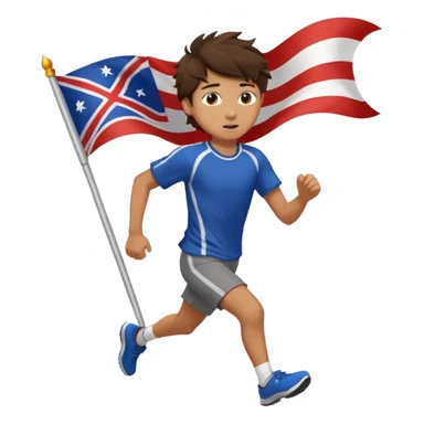 A teen boy with messy brunette hair, running with a fluttering flag behind him. sticker