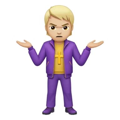Create A Guy Wearing Light Skin Blond Hair Yellow Cross Purple Jacket Purple Pants And Mad Face sticker