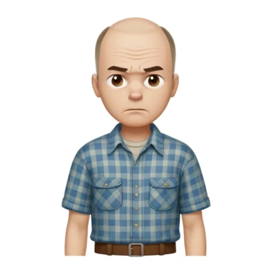Carl from Sling Blade, serious expression, recognizable features, neutral background, full body, chin sticking out, slouching posture sticker