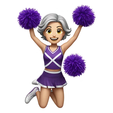Caucasian gray hair cheerleader with dark brown hair, jumping and holding up two purple Pom poms, small full body emoji sticker