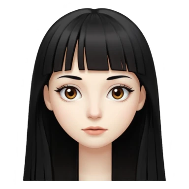 девушка с бледной кожей у неё длиные прямые черные волосы и челка прямая ниже бровей глаза коричневого цвета худая у неё длиные ресницы sticker